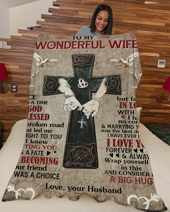 Personalized Blanket To My Wife From Husband God Blessed Hand In Hand With Christ Cross And Dove Print Custom Name