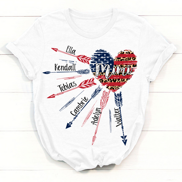 Personalized T-Shirt For Grandma Mimi Heart USA Flag Leopard Design Arrow Printed Custom Grandkids Name