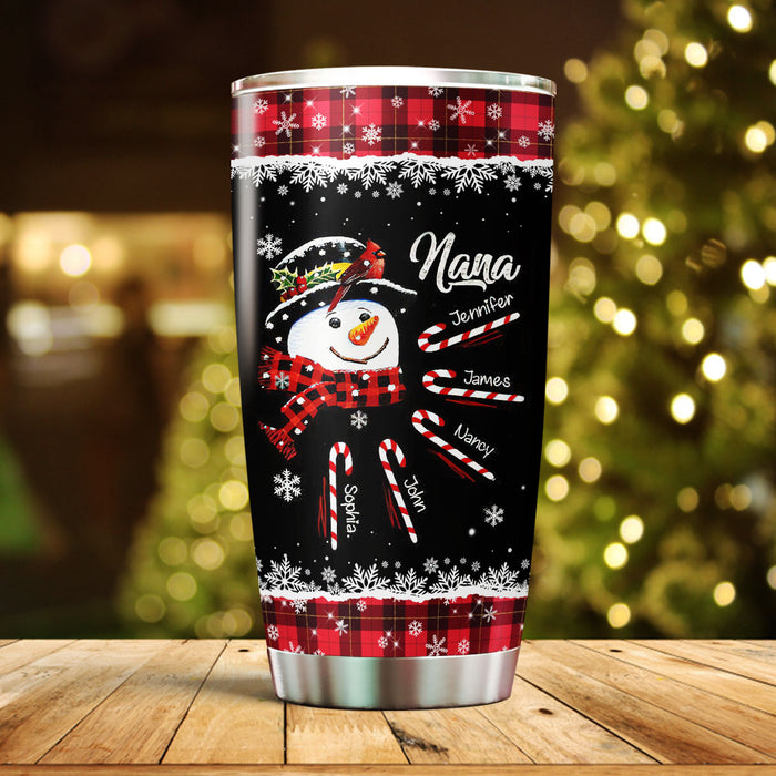 Personalized Tumbler Gifts For Grandma Snowman Candy Cane Snowflakes Red Plaid Custom Grandkids Name Xmas Travel Cup