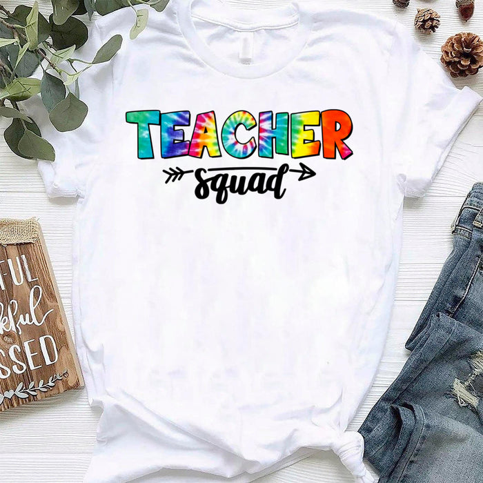 Classic Unique T-Shirt For Teachers Teacher Squad Colorful Tie Dye Design Arrow Printed Back To School Outfit