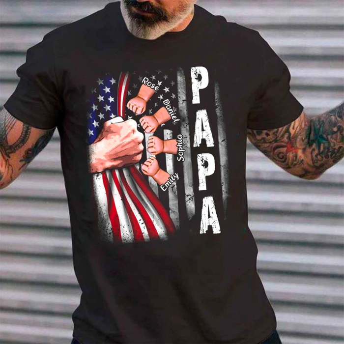 Personalized T-Shirt For Grandpa Papa America Flag Vintage Fist Bump Custom Grandkids Name Independence Day Shirt