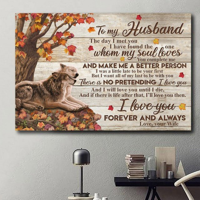 Personalized To My Husband Canvas Wall Art From Wife Wolf Couple Autumn Tree Vintage Theme Custom Name Poster Prints