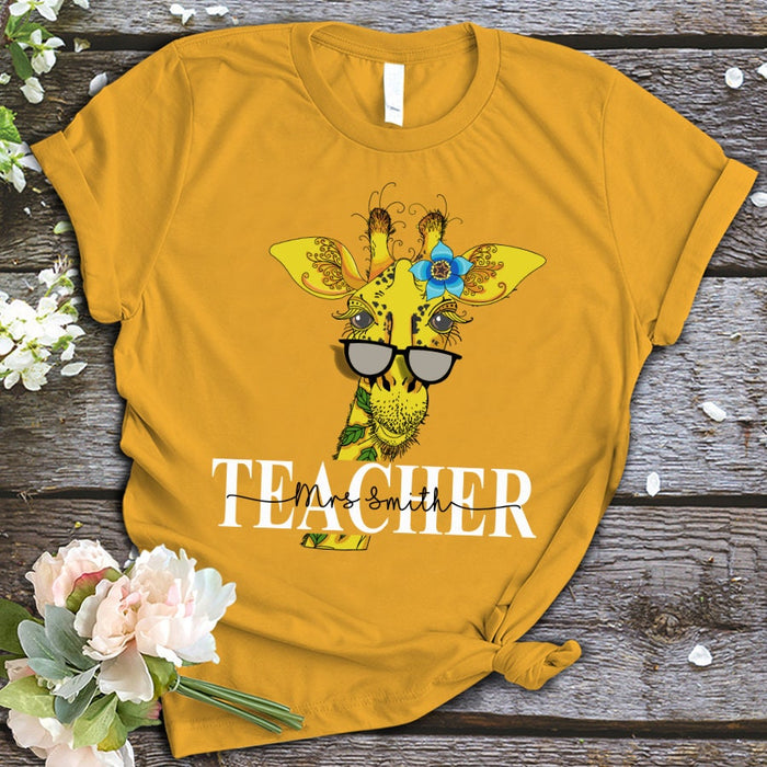 Personalized T-Shirt For Teacher Funny Giraffe With Flower And Glasses Custom Name Shirt Gifts For Back To School