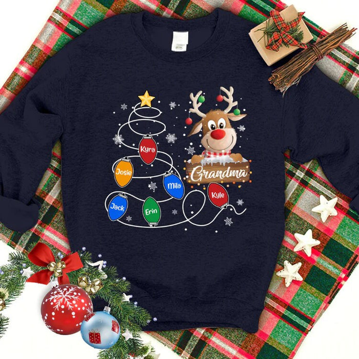 Personalized Sweatshirt For Grandma From Grandkids Reindeer Snowflakes Lights Snow Custom Name Shirt Gifts For Christmas