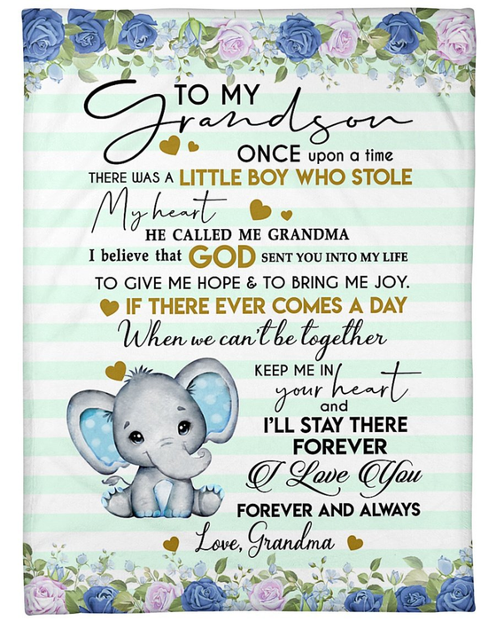 Personalized Blanket For Grandson From Grandma Stole My Heart Beautiful Flowers & Cute Elephant Print Custom Name