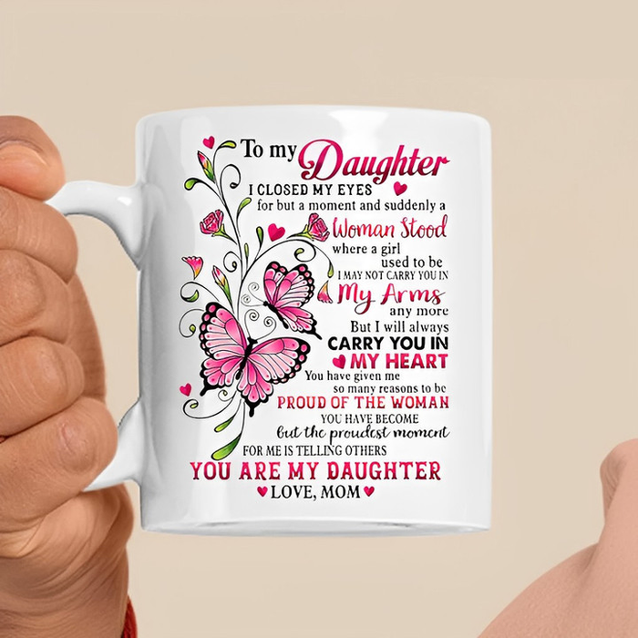 Personalized To My Daughter Coffee Mug Pink Butterflies Carry You In My Arms Custom Name White Cup Gifts For Birthday