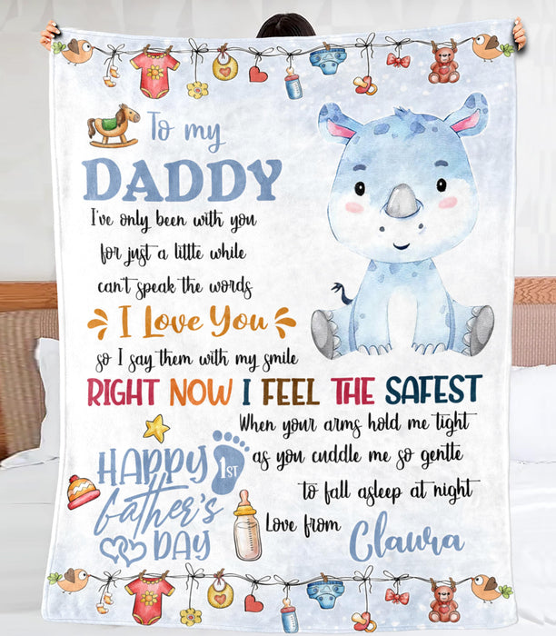Personalized Blanket To My Dad From Baby Bump Happy Father's Day Cute Funny Baby Rhino Print Custom Name