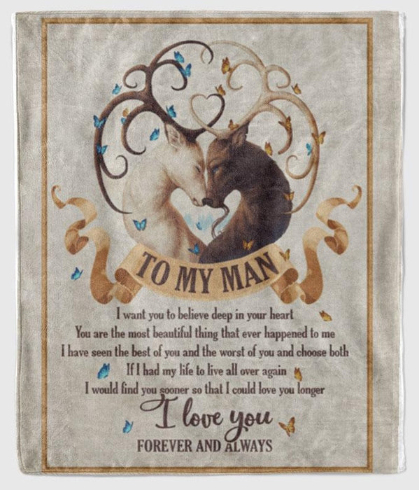 Personalized To My Husband White And Brown Deer Couple Fleece Blanket From Wife I Want You To Believe Deep In You Heart