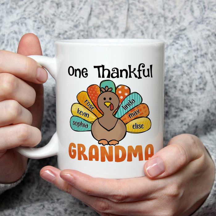 Personalized Ceramic Coffee Mug One Thankful Grandma Turkey Print Custom Grandkids Name 11 15oz Autumn Cup