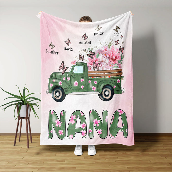 Personalized To My Grandma Blanket From Grandkids Nana Spring Truck With Butterflies Custom Name Gifts For Christmas