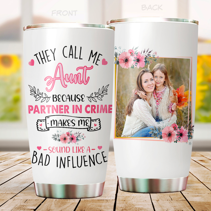 Personalized Tumbler Gifts For Aunt From Niece Nephew Partners In Crime Influence Pink Flower Custom Name & Photo