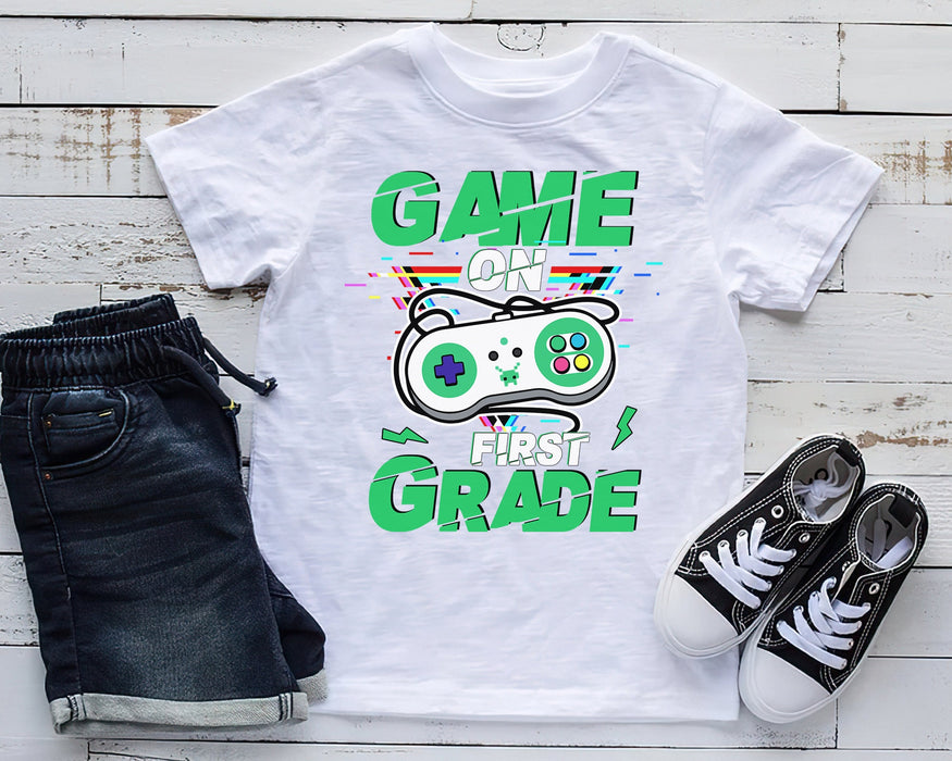 Personalized T-Shirt Gifts For Kids Game On First Grade Video Game Lovers Custom Grade Level Shirt Back To School Outfit