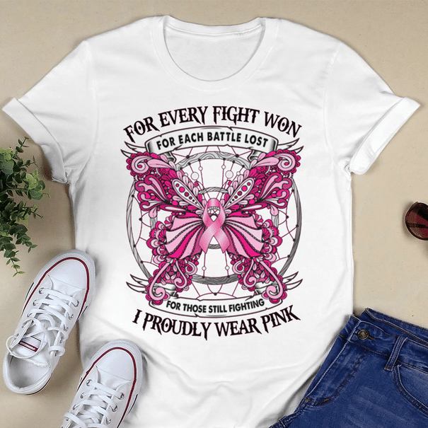 Classic T-Shirt For Women Breast Cancer Awareness For Every Fight Won For Each Battle Loss Print Pink Ribbon & Butterfly