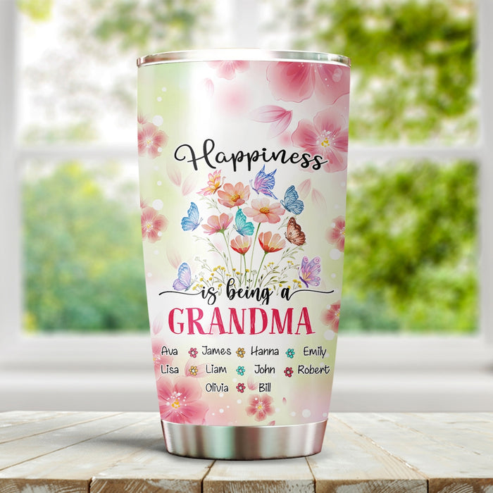Personalized Tumbler For Grandma Floral Butterflies Happiness Is Being Custom Grandkids Name Travel Cup Christmas Gifts