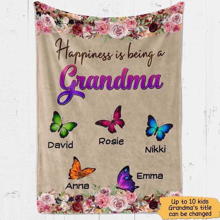 Personalized Blanket For Grandma Happiness Is Being A Grandma Flower & Butterfly Printed Custom Grandkids Name