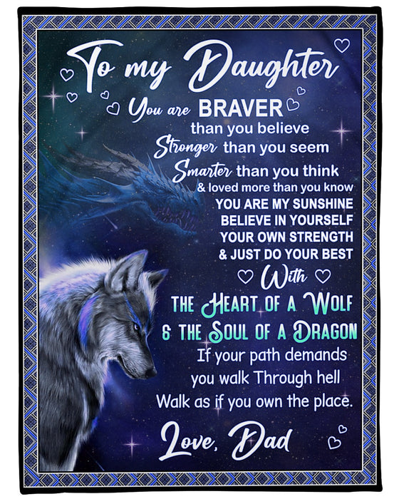 Personalized Blanket To My Daughter From Dad Believe In Yourself Wolf & Dragon Print Galaxy Background Custom Name