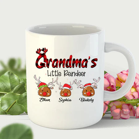 Personalized Coffee Mug Gifts For Grandma Nana's Little Reindeer Red Plaid Custom Grandkids Name Christmas White Cup