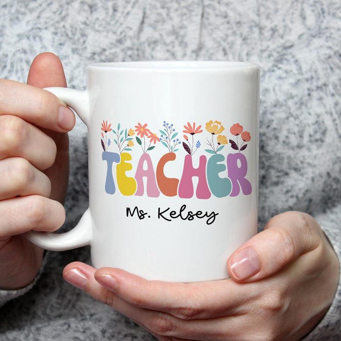 Personalized Ceramic Coffee Mug For Teachers Colorful Design Flower Print Custom Name 11 15oz Back To School Cup