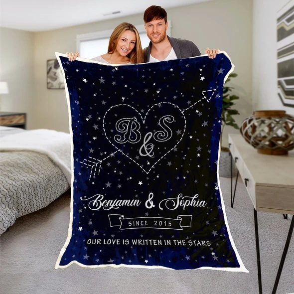 Personalized Fleece Blanket For Couple Our Love Is Written In The Stars Print Heart & Arrow Custom Names Year & Initial