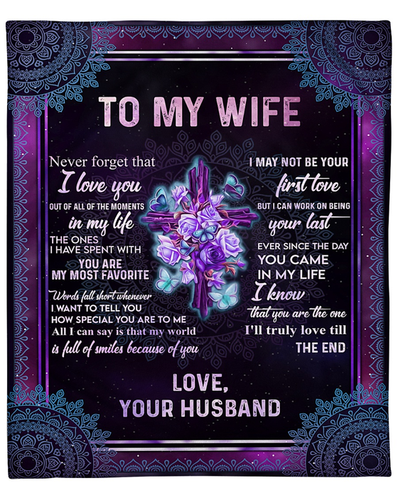 Personalized To My Wife From Husband My Life Purple Rose Christian Cross Printed Mandala Style Custom Name