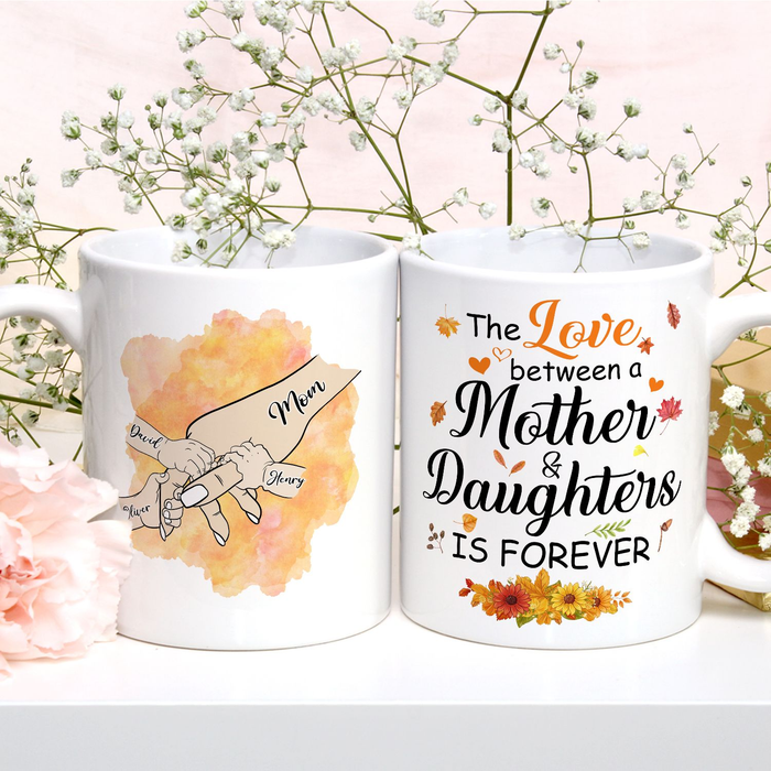 Personalized Ceramic Coffee Mug For Mom And Daughters Hand Holding Autumn Flower Print Custom Name 11 15oz Cup