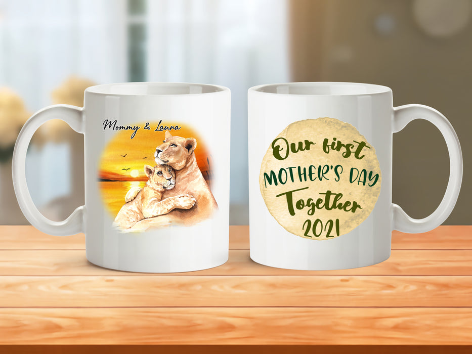 Personalized Mothers Day Coffee Mug Our First Mothers Day Together Gifts For Mothers Day Print Lion Family Mug 11Oz 15Oz Ceramic Coffee Mug First Mothers Day For Mom Mug Customized Name, Year Mug