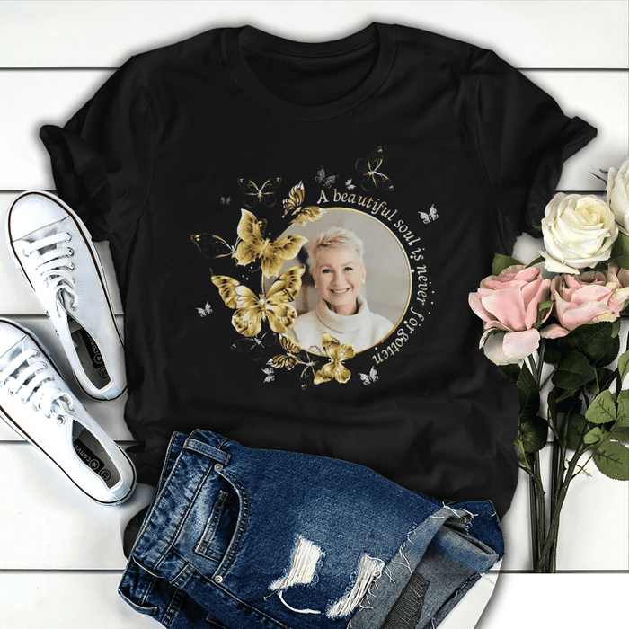 Personalized Memorial T-Shirt For Loss Of Loved Ones Beautiful Soul Is Never Forgotten Custom Name Photo Sympathy Gifts