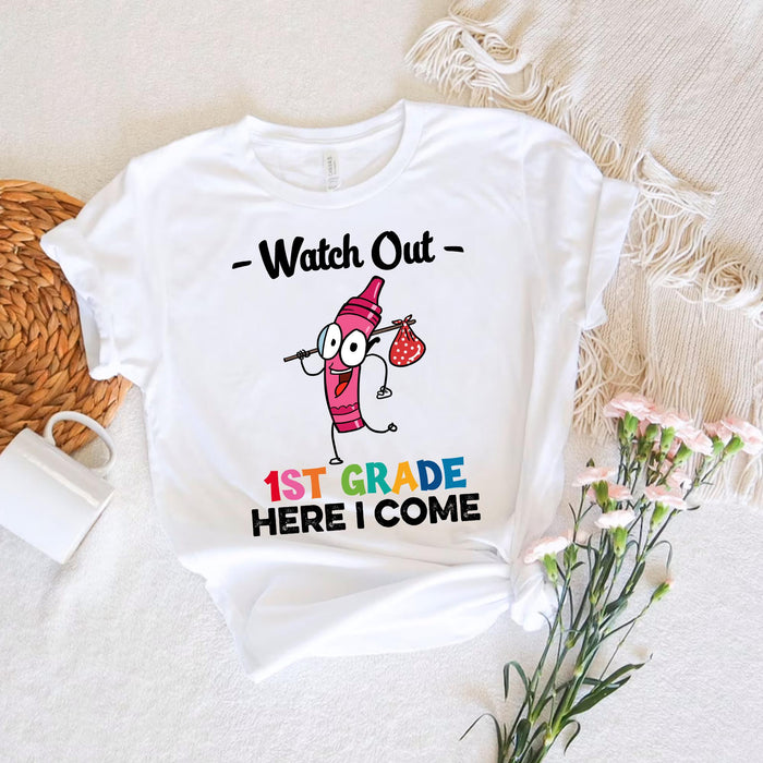 Personalized T-Shirt For Kid Watch Out Here I Come Funny Crayon Print Custom Grade Level Back To School Outfit