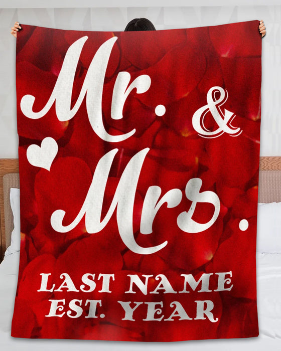 Personalized Valentines Blanket For Newlywed Couple Mr & Mrs Red Rose Leaf Background Custom Last Name & Year