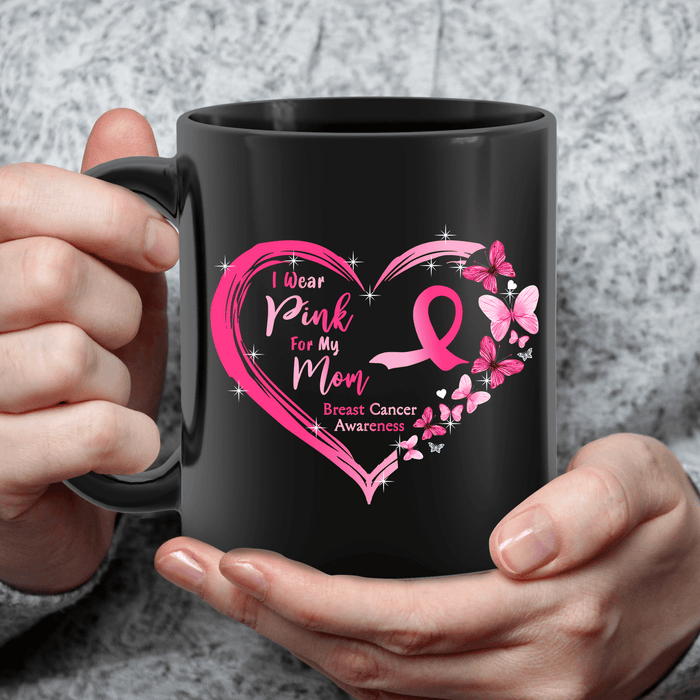 Personalized Ceramic Coffee Mug For Breast Cancer Awareness To Mom Heart & Butterfly Print Custom Name 11 15oz Cup