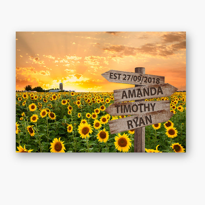 Personalized Wall Art Canvas For Family Sunflower Field Vintage Street Sign Poster Print Custom Multi Name & Date