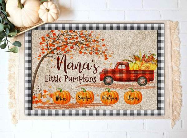 Personalized Welcome Door Mat For Grandma Nana's Little Pumpkins Plaid Truck & Maple Tree Printed Custom Grandkid's Name