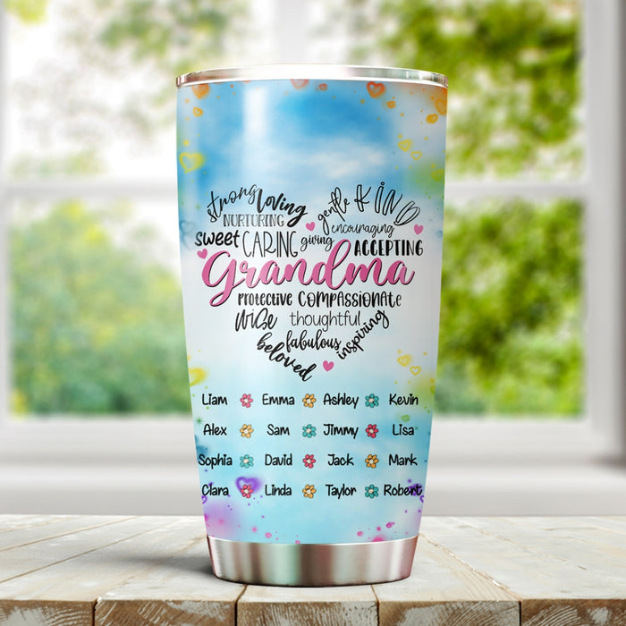 Personalized Tumbler For Grandma Heart Artwork Flower Beloved Inspiring Custom Grandkids Name Travel Cup Birthday Gifts