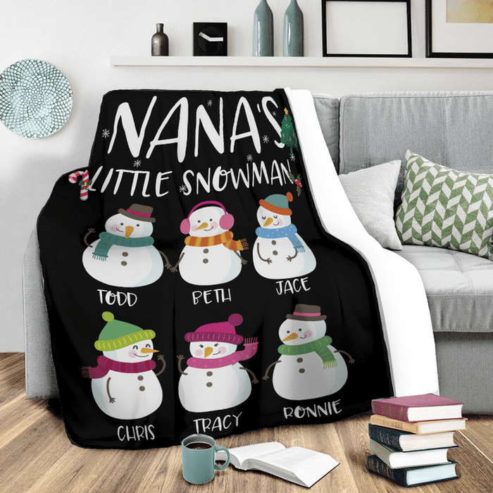 Personalized Blanket For Grandma Nana'S Little Snowmen Cute Snowman With Hat Snowflakes Printed Custom Grandkids Names