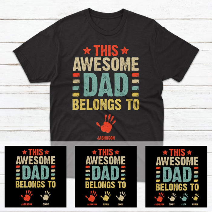 Personalized T-Shirt This Awesome Dad Colorful & Retro Style With Stars & Handprints Printed Custom Kids Name