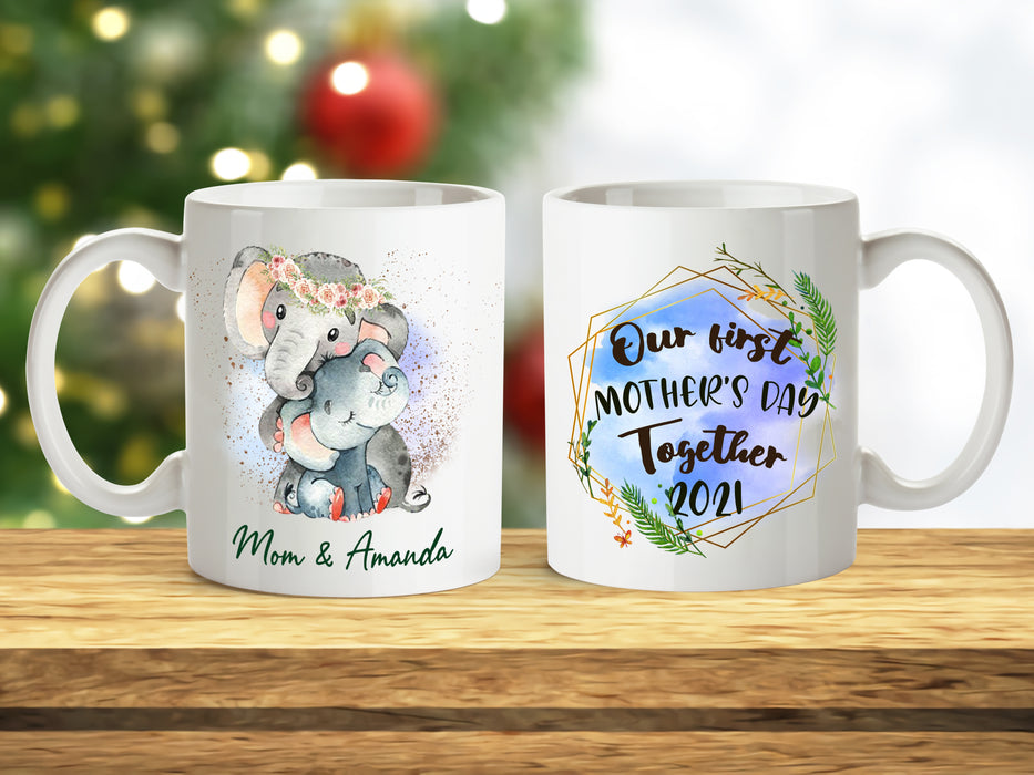 Personalized Coffee Mug Our First Mothers Day Together Sweet Quotes Mom Gifts Print Elephant Family Mug Customized Name And Anniversary Year Mug Gifts For Mothers Day 11Oz 15Oz Ceramic Coffee Mug