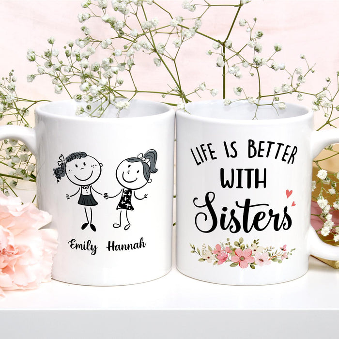 Personalized Ceramic Coffee Mug For Bestie Life Is Better With Sisters Cute Girls Print Custom Name 11 15oz Cup