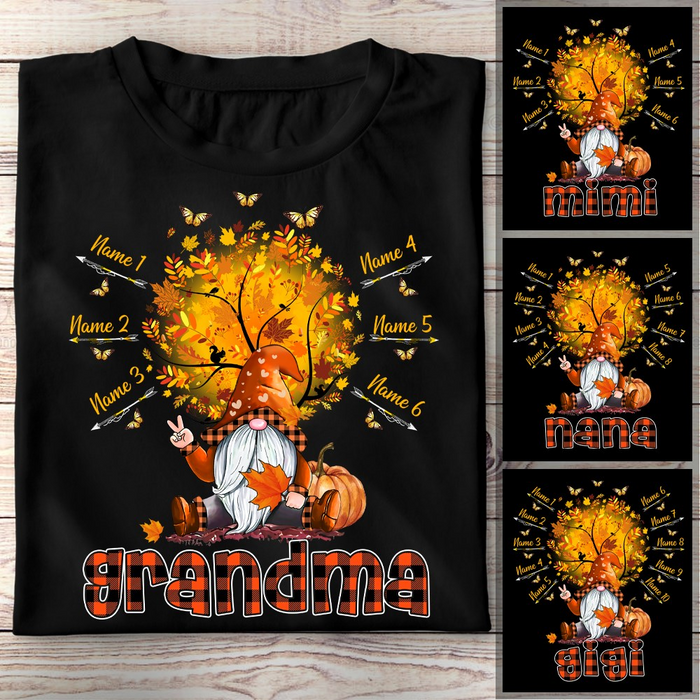 Personalized T-Shirt For Grandma Cute Gnome Pumpkin & Tree Printed Plaid Design Custom Grandkid's Name Fall Shirt