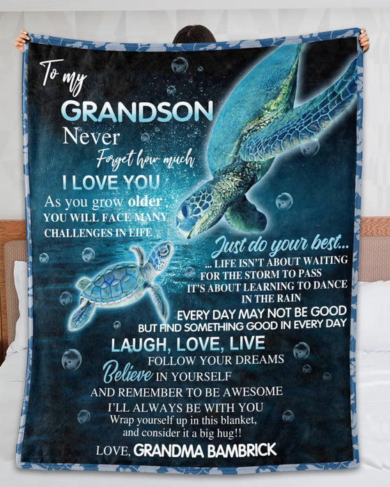 Personalized To My Grandson Blanket From Grandma Never Forget How Much I Love You Cute Turtle Printed Custom Name