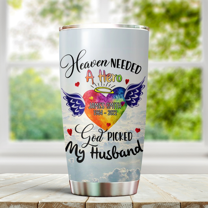Personalized Memorial Gifts Tumbler For Loss Of Husband Heaven Needed A Hero Angel Wings Heart Custom Name Travel Cup
