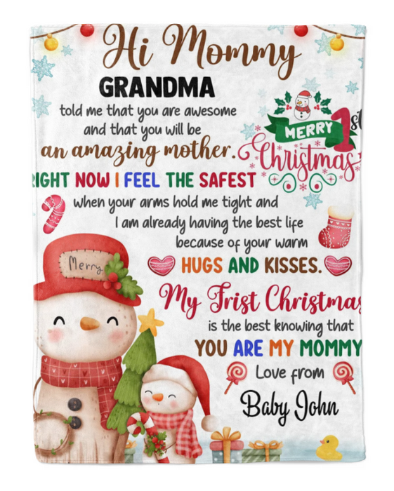 Personalized Blanket For New Mom From Baby Cute Snowman Your Hugs & Kisses Custom Name Gifts For First Christmas
