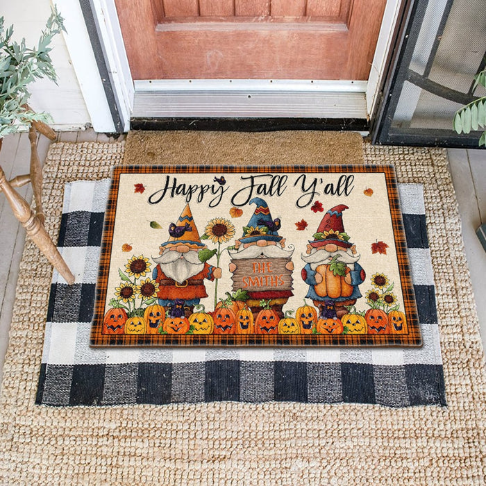 Personalized Welcome Doormat Happy Fall Y'all Three Cute Gnome With Funny Pumpkin Sunflower Black Cat Custom Family Name