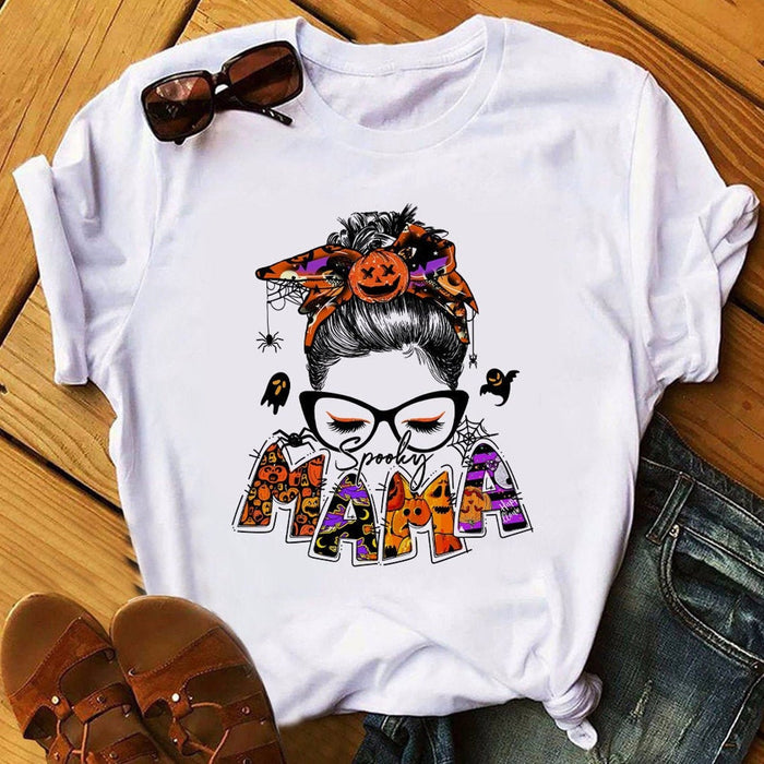 Personalized T-Shirt & Sweatshirt For Grandma Spooky Mama Messy Bun Hair With Pumpkin & Ghost Printed Custom Nickname