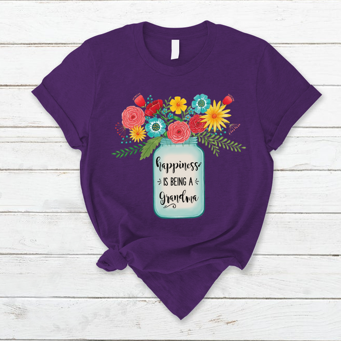 Personalized T-Shirt Happiness Is Being A Grandma Vase Of Colorful Flower Printed Mothers Day Shirt