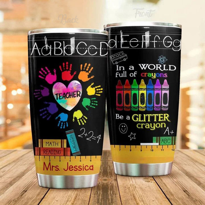 Personalized Travel Tumbler For Teacher 20oz Cup Custom Name Colorful Handprints Heart Crayon Back To School Gifts