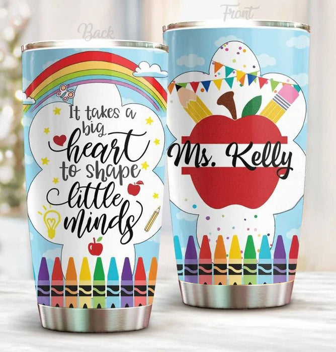 Personalized Travel Tumbler Teacher 20oz Cup Custom Name It Takes A Big Heart Rainbow Crayon Apple Back To School Gifts