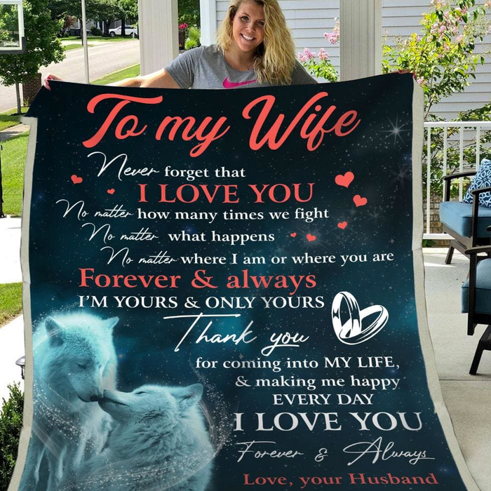 Personalized Fleece Blanket To My Wife Thank For Coming Into My Life White Wolf Couple Custom Name Valentine Blankets