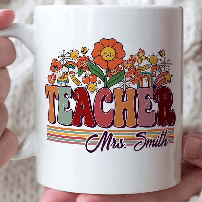 Personalized Coffee Mug For Teacher  Vintage Flower Pencil Butterflies Custom Name Ceramic Cup Gifts For Back To School