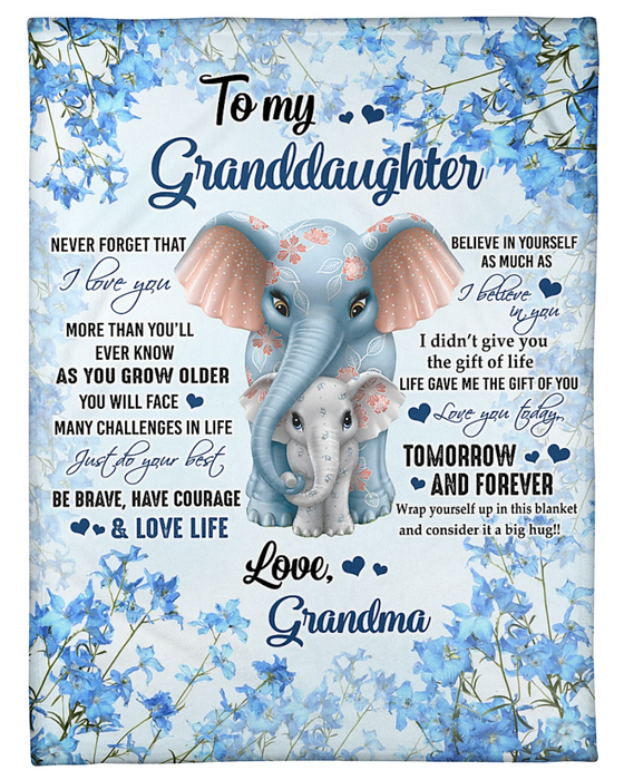Personalized To My Granddaughter Blanket From Grandpa Grandma Blue Floral Elephant Hugging Custom Name Christmas Gifts