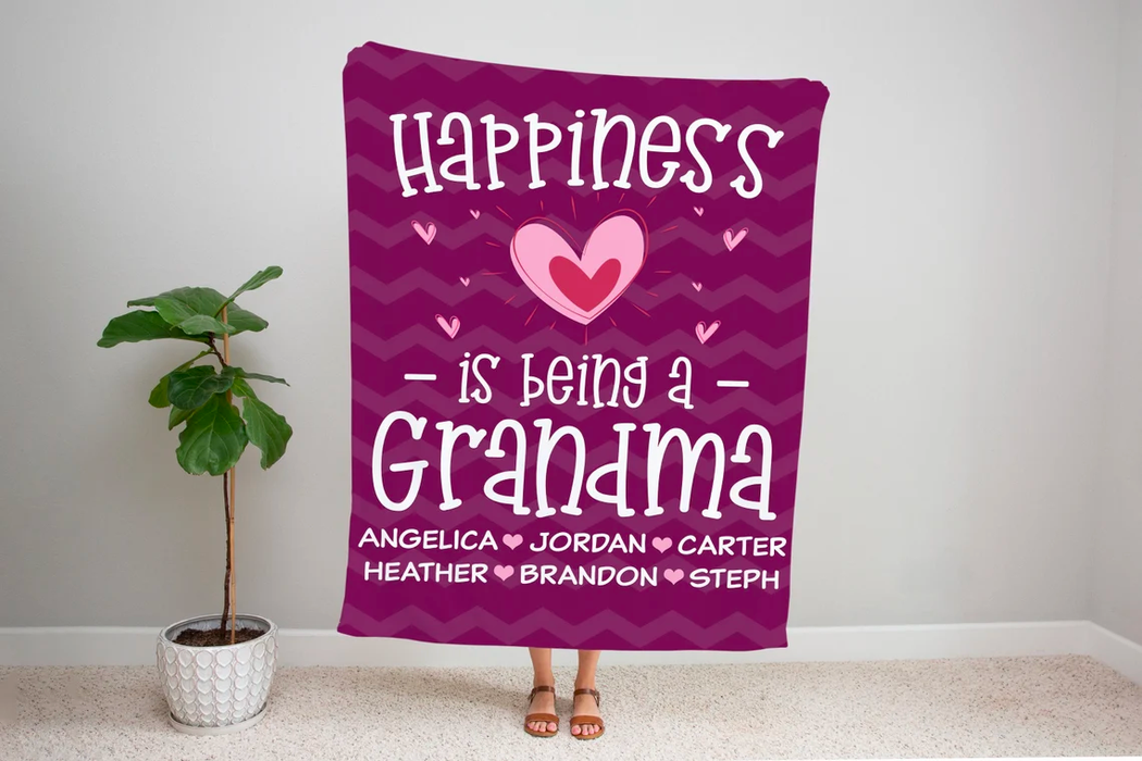 Personalized Blanket For Grandma Happiness Is Being A Grandma Cute Heart Printed Custom Grandkids Name